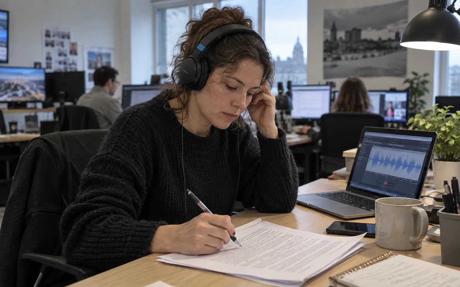 Photo générée par IA : une journaliste portant un casque vérifie une transcription imprimée.