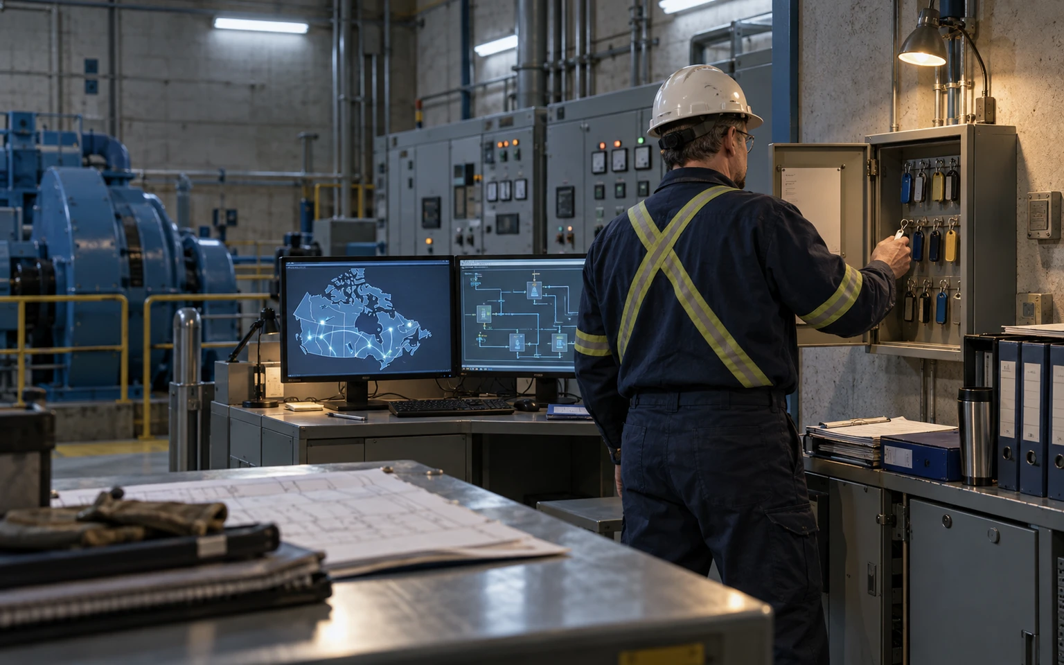 Illustration générée par IA : dans la salle de commande d’une petite centrale hydroélectrique, un technicien vu de dos choisit une clé d’accès physique devant une carte numérique du Canada et un schéma de systèmes connectés.
