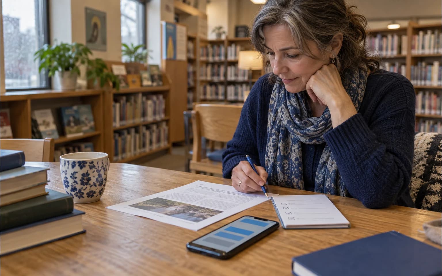 Illustration générée par IA : une lectrice compare un article imprimé, une liste de vérification et un résumé affiché sur un téléphone dans une bibliothèque.