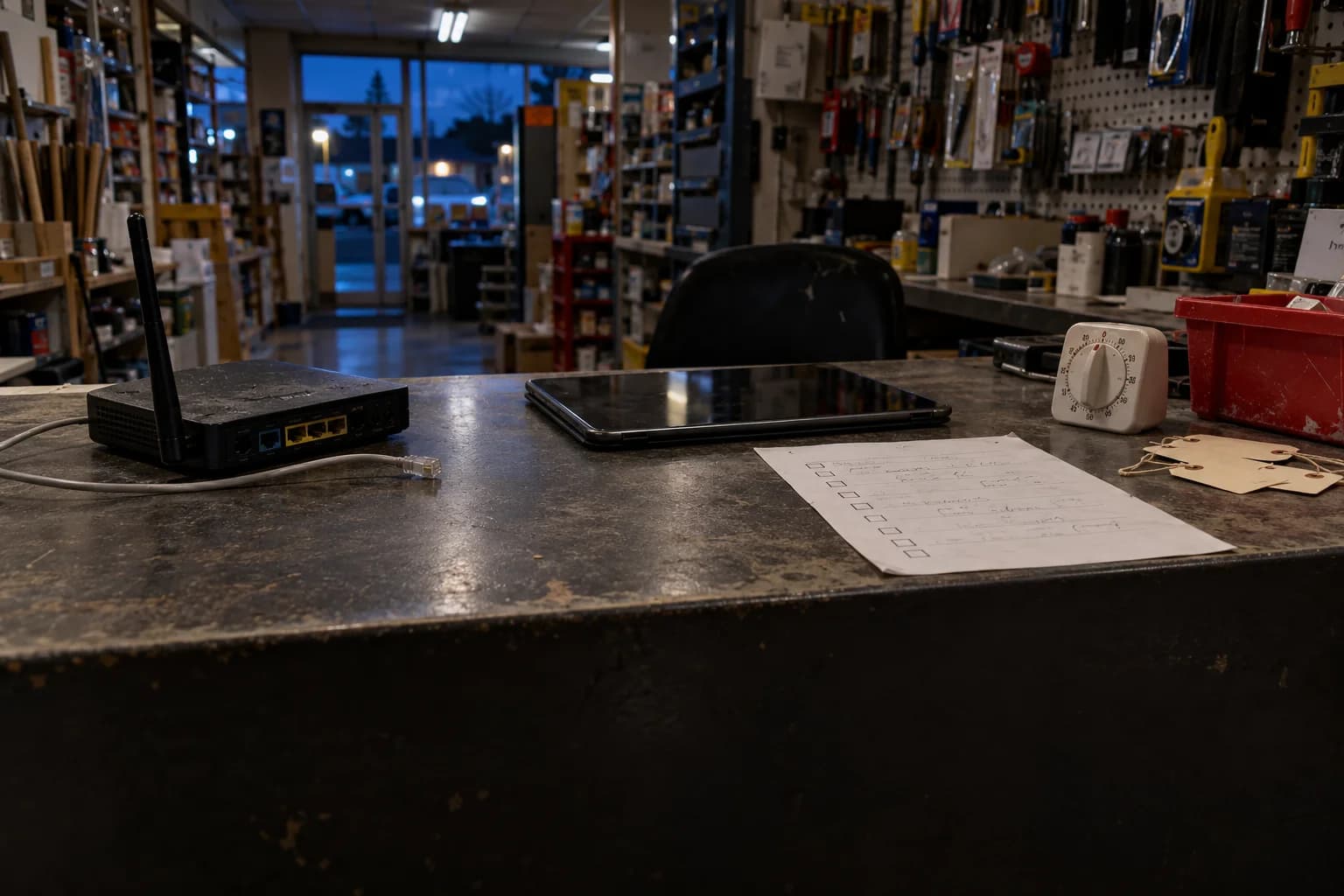Illustration générée par IA : après la fermeture d’une quincaillerie de quartier, un routeur débranché, une tablette fermée, une minuterie et une liste de vérification reposent sur un comptoir usé.