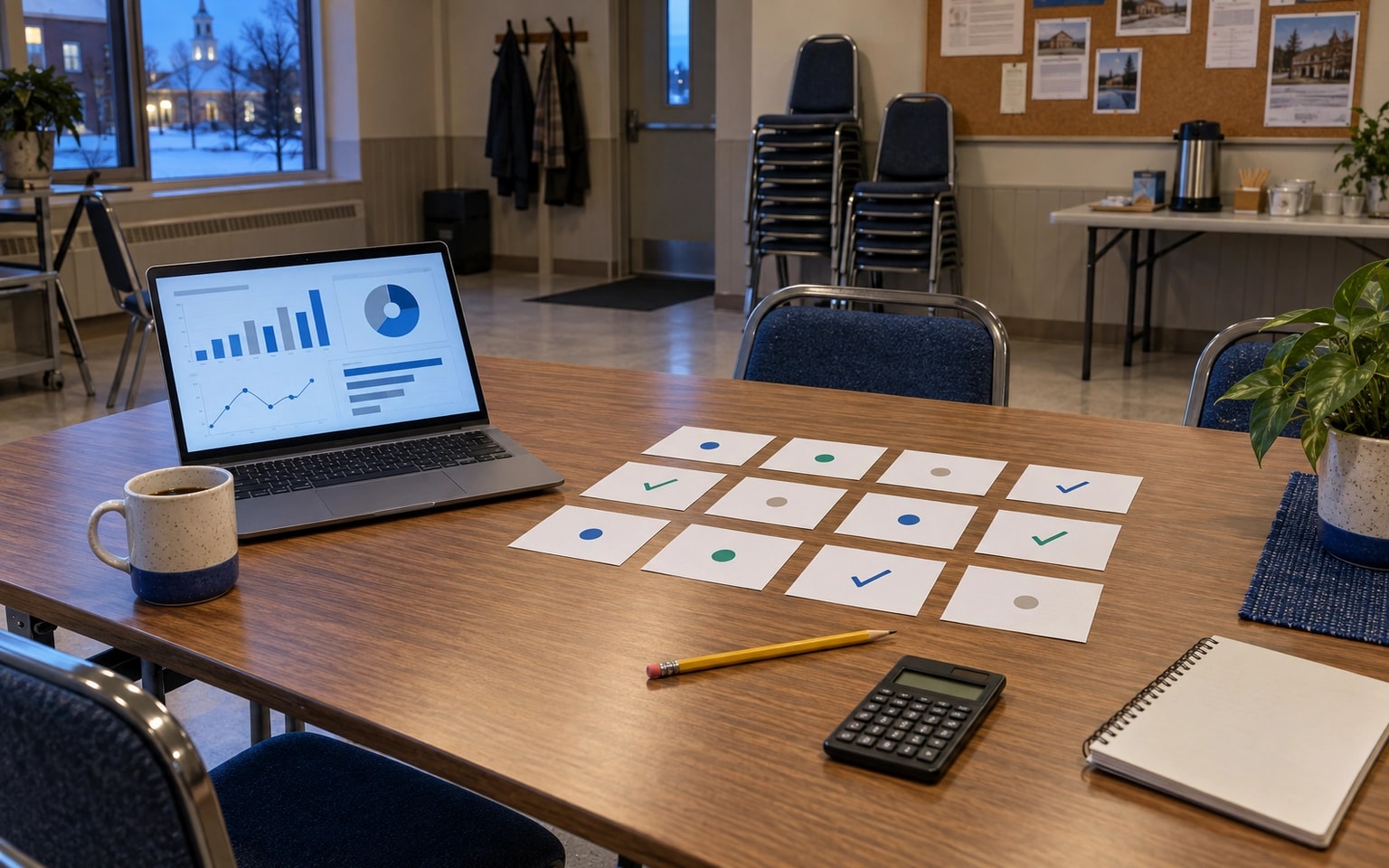 Illustration générée par IA : douze fiches de test marquées de points et de coches sont disposées devant un portable dans une salle communautaire québécoise vide en début de soirée.