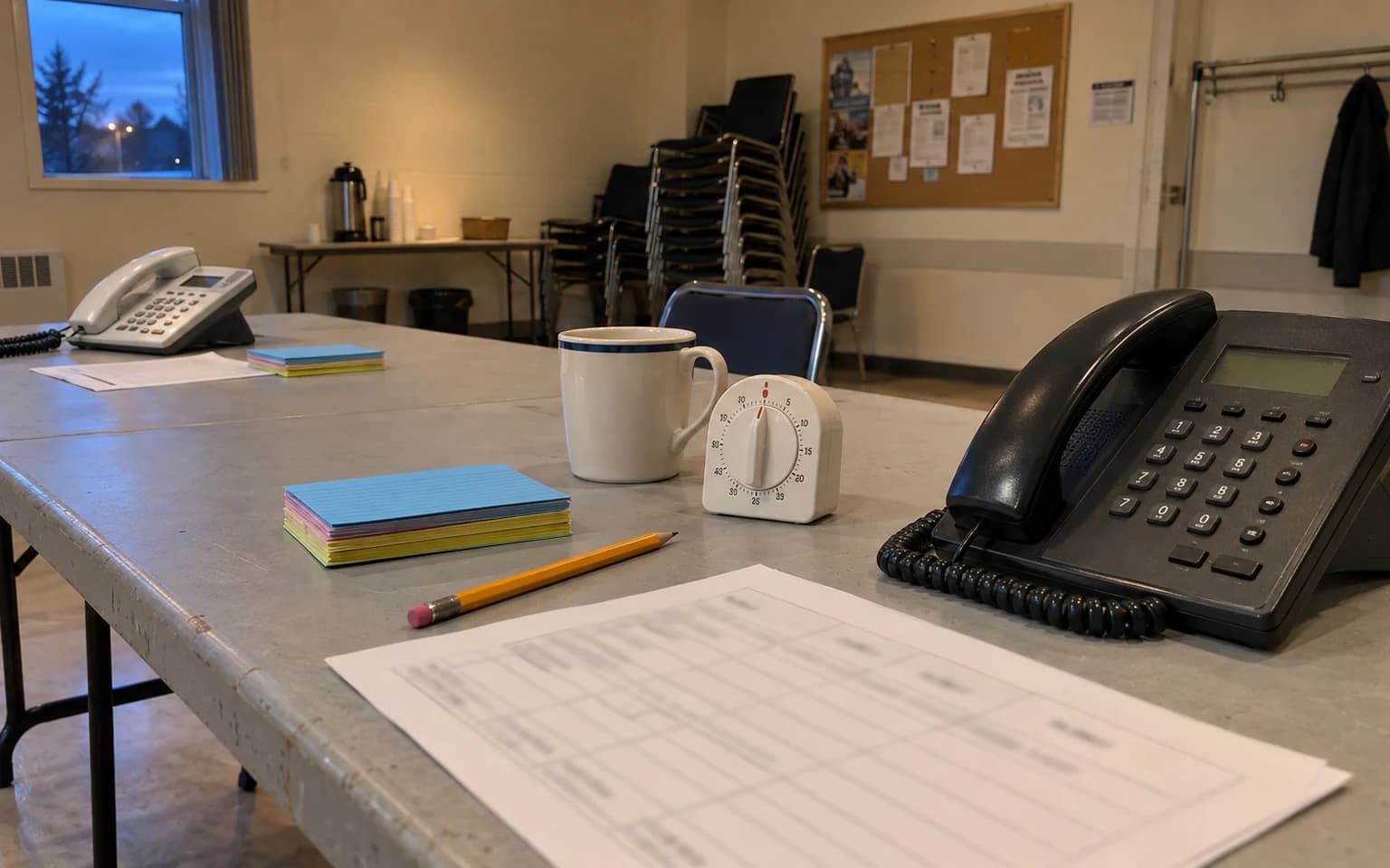 Illustration générée par IA : deux téléphones, des fiches et une grille d’évaluation sont disposés sur une table de centre communautaire.