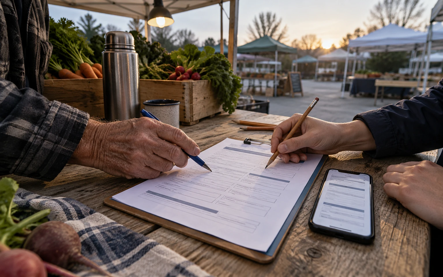 Illustration générée par IA : une main âgée et une main plus jeune suivent deux parcours sur un formulaire papier, près d’un téléphone, à une table de marché public au lever du jour.