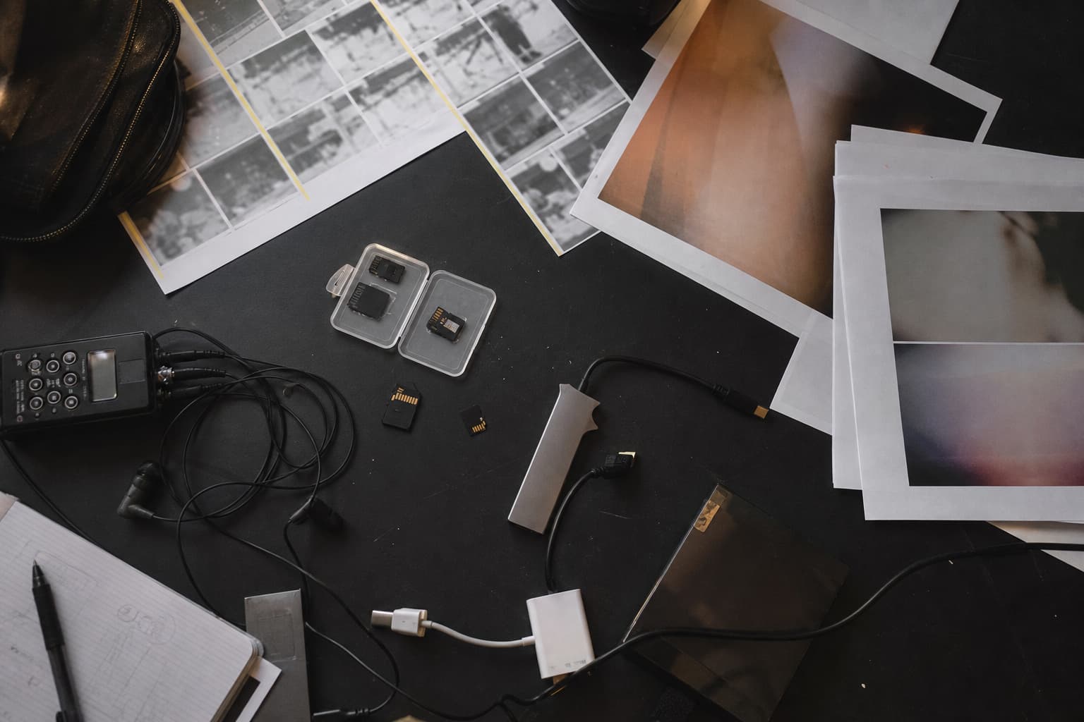 Illustration générée par IA : vue en plongée d’une table de montage couverte de feuilles de contrôle, d’un enregistreur audio, de cartes mémoire, de câbles et d’épreuves imprimées.