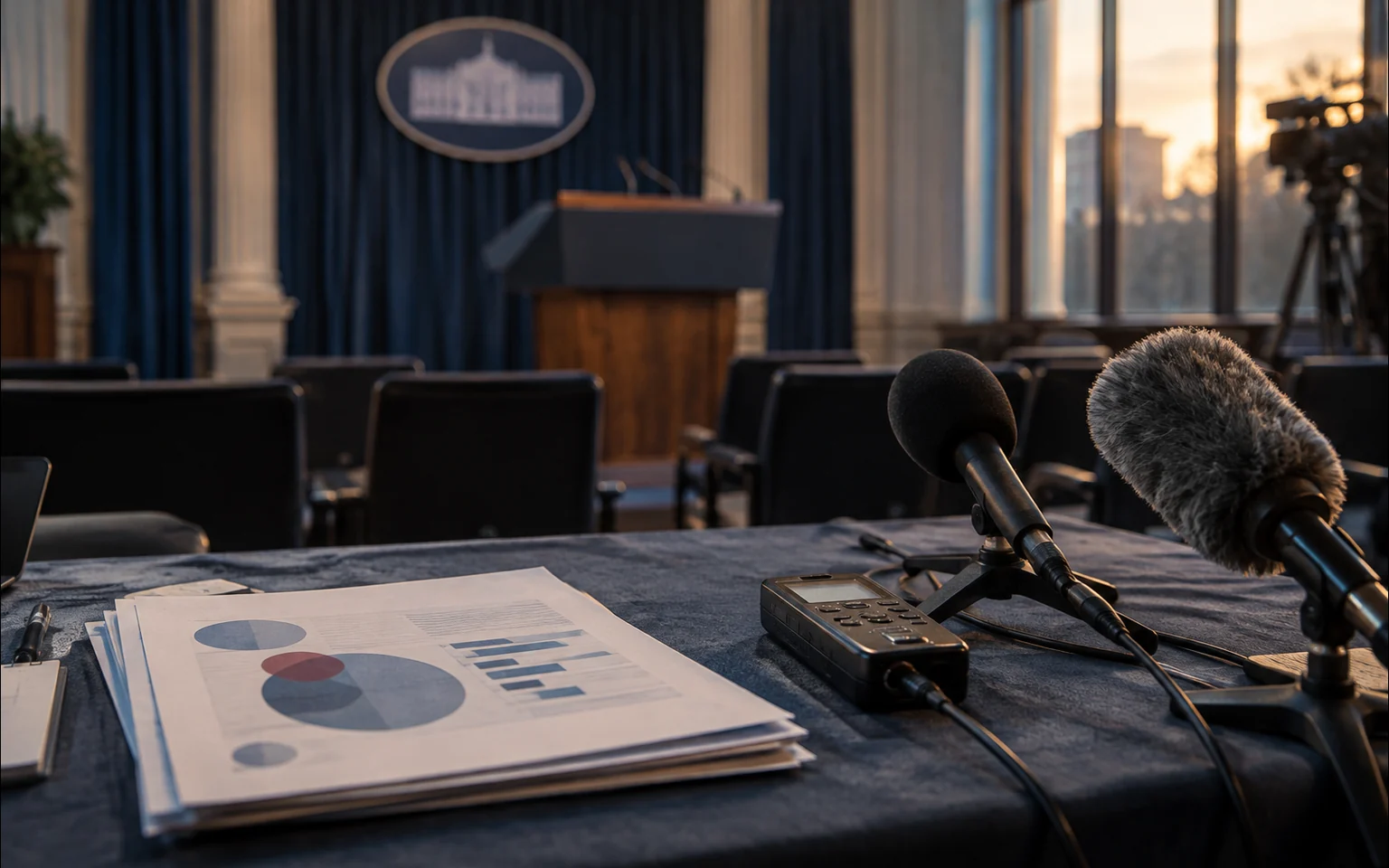 Illustration générée par IA : des microphones, un enregistreur et des documents attendent dans une salle de presse gouvernementale vide.
