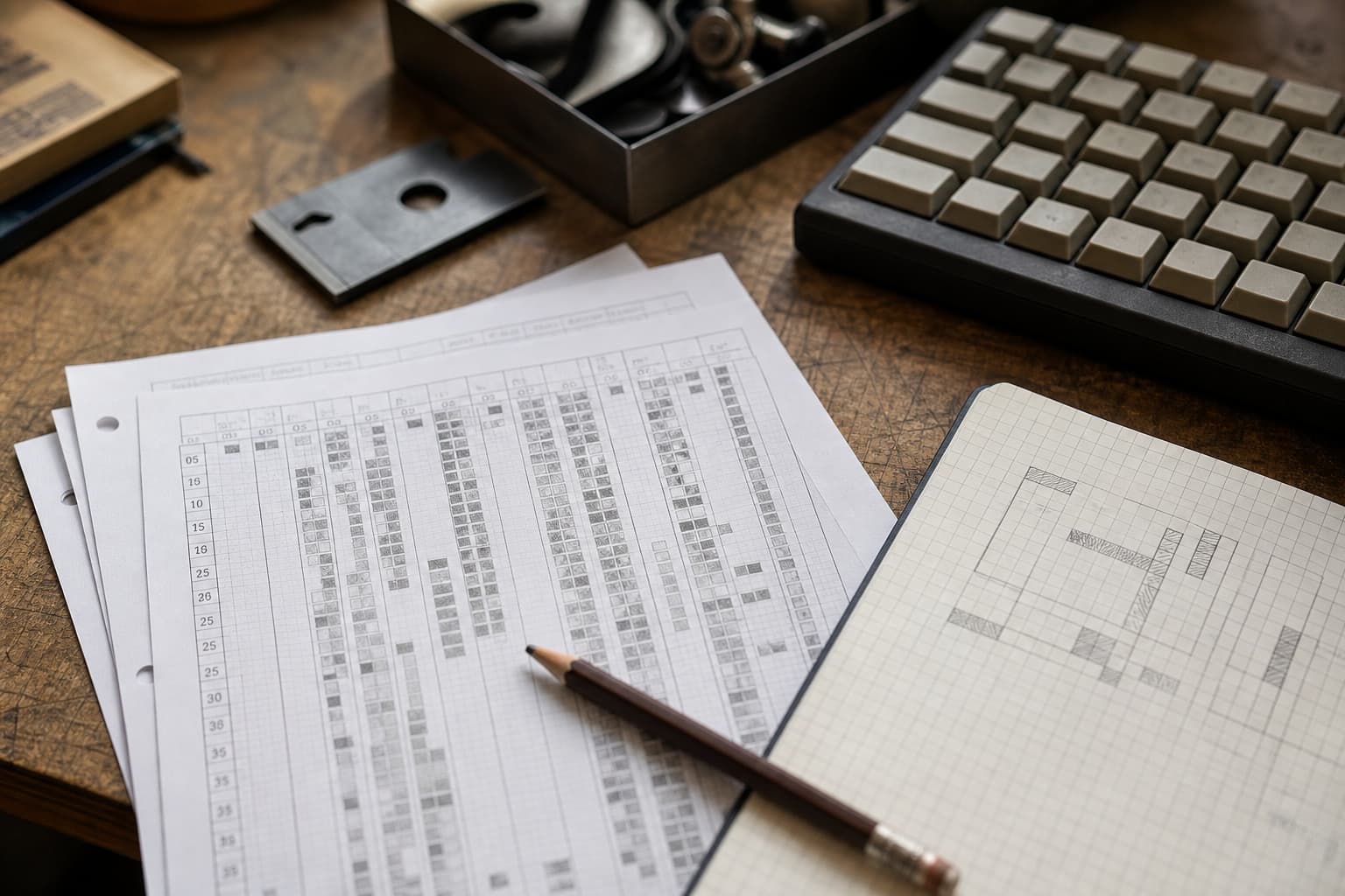 Illustration générée par IA : gros plan sur des fiches de test numérotées, un carnet quadrillé, un clavier et des feuilles montrant des blocs de données non lisibles, éclairés latéralement.