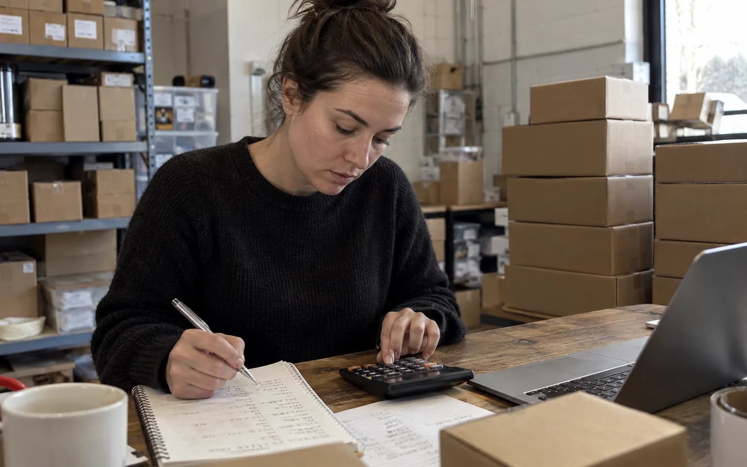 Photo générée par IA : une personne vérifie un calcul avec des boîtes, une calculatrice et un ordinateur.