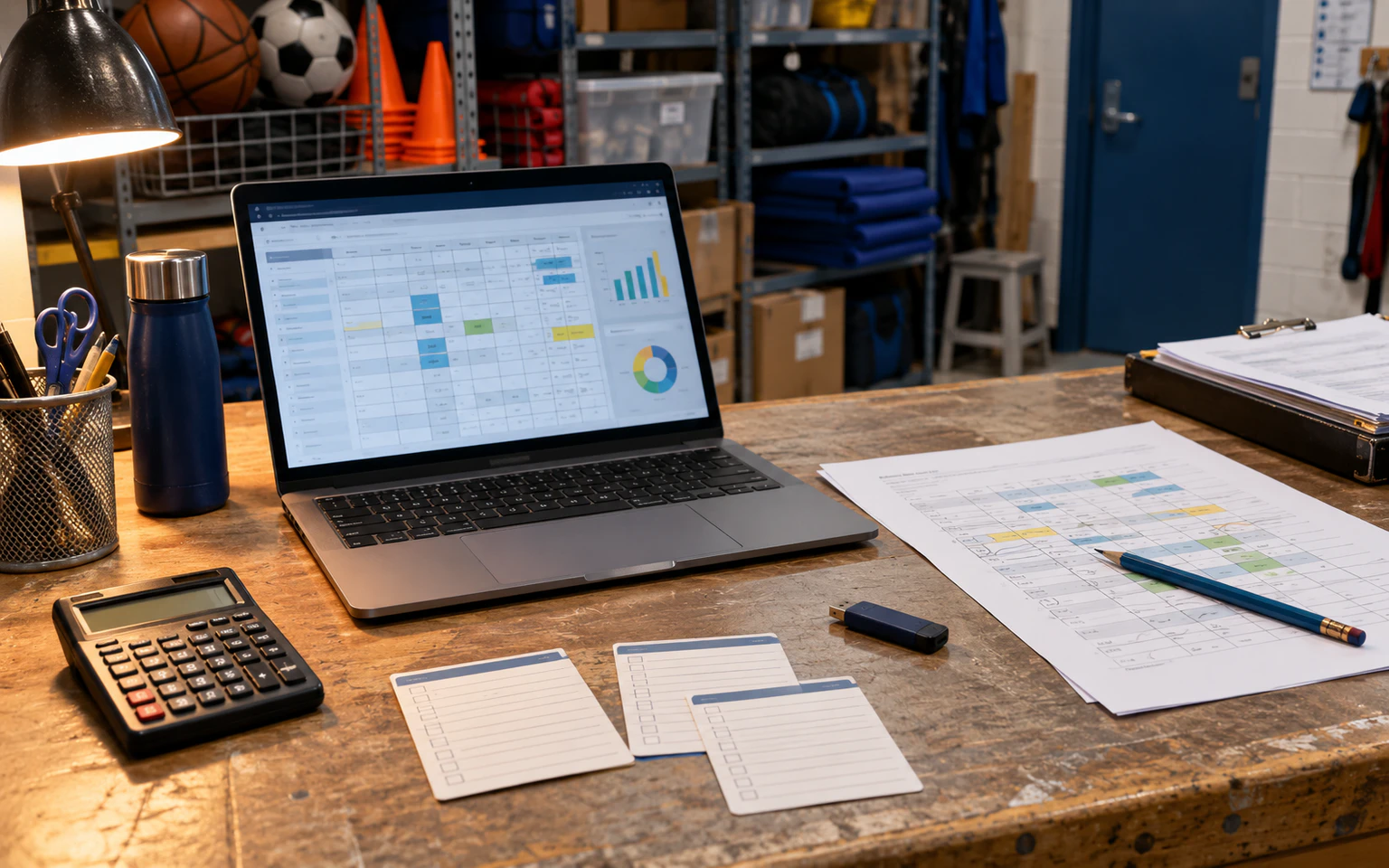 Illustration générée par IA : un portable, une copie imprimée annotée, une calculatrice et des fiches d’inventaire reposent sur le comptoir d’une réserve communautaire vide.