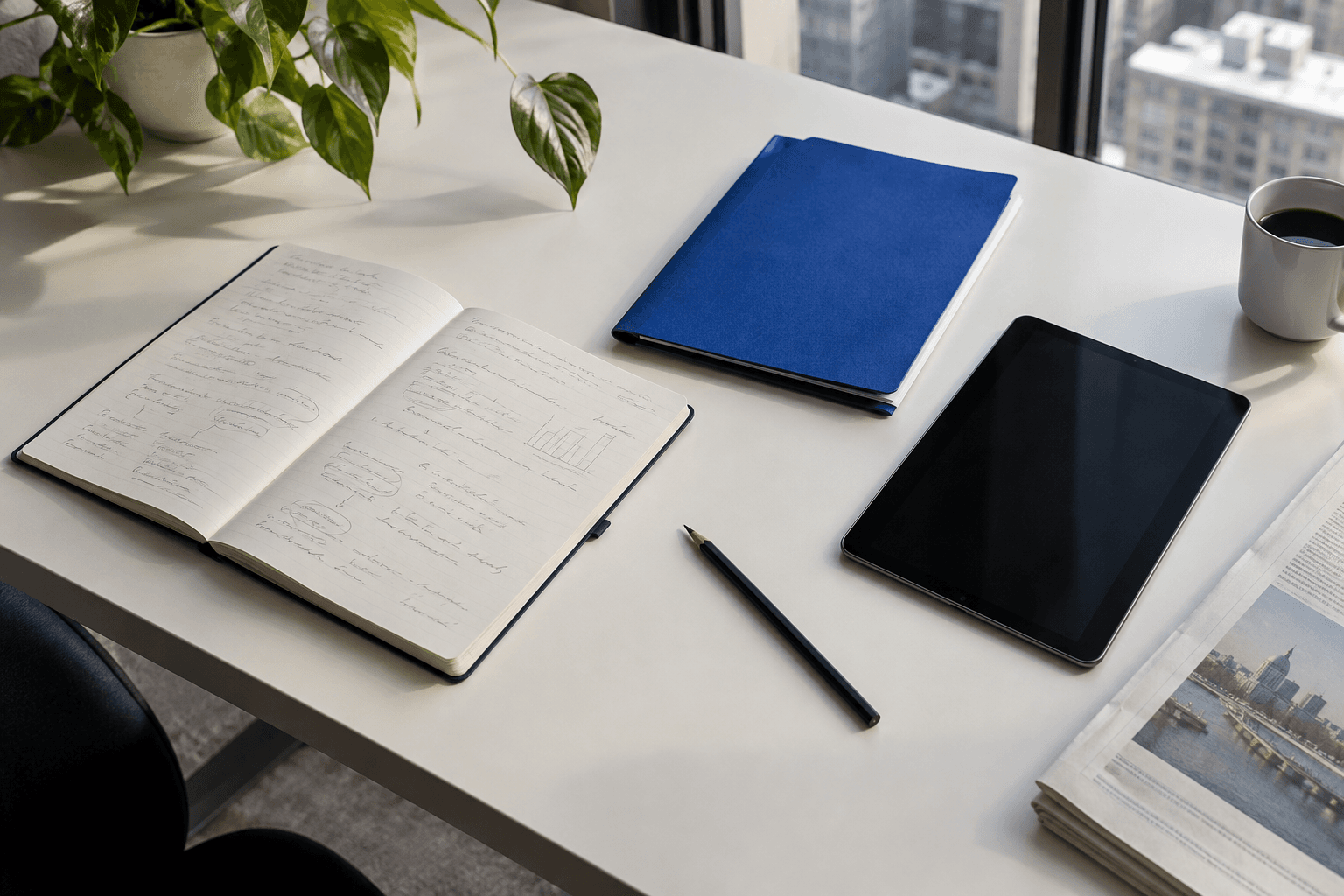 Illustration générée par IA : carnet, tablette et documents sur un bureau.